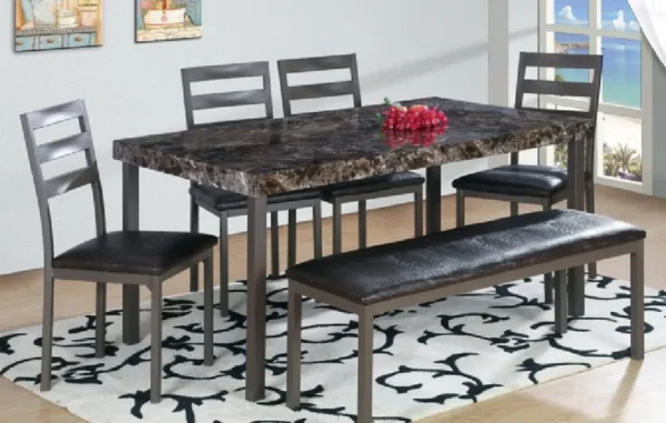 A dining room table with chairs and bench